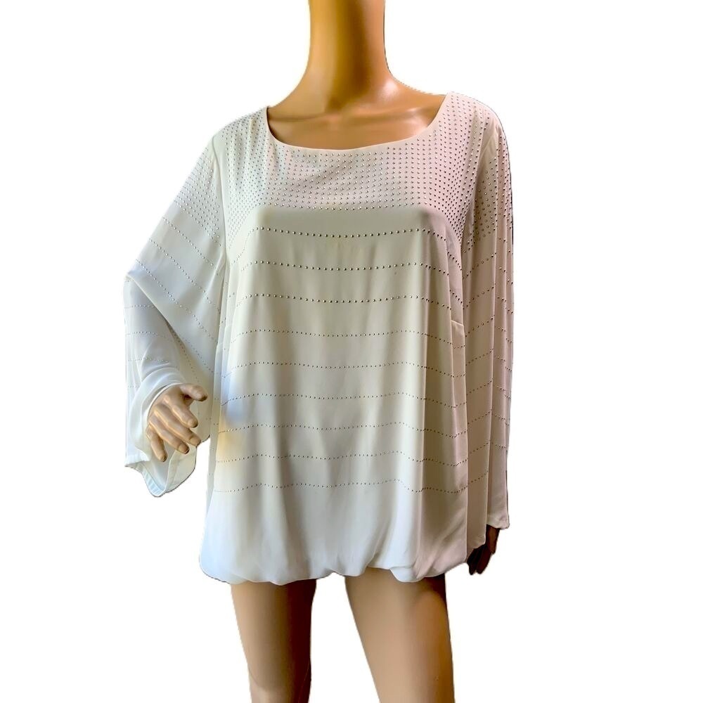 Alfani White Long Sleeve Rhinestone Embellished Blouse‎ Size 18W